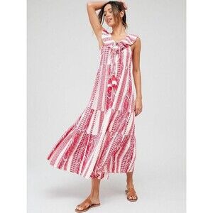 V by Very Frill Detail Jacquard Midi Resort Dress Ruffle Tiered Cotton M 273403
